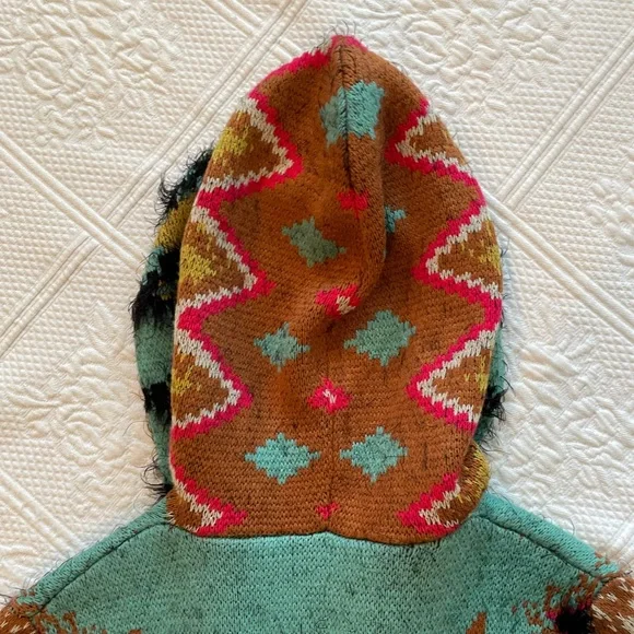 MaxSport Aztec Open Front Cardigan Hood Sweater Western Tribal Ivory/Turquoise - Picture 7 of 12